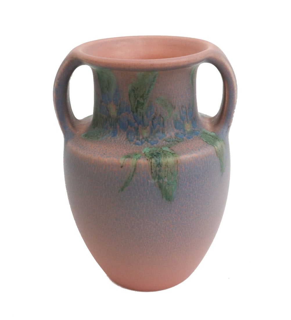 Rookwood Glazed Pottery Twin Handled Vase by Elizabeth Barrett, #2426, 1926: Rookwood glazed pottery twin handled vase by Elizabeth Barrett, 1926. A pink and scattered blue ground with blue flowers. Rookwood mark to underside dating to 1926 and numbered #2426 with artist initi
