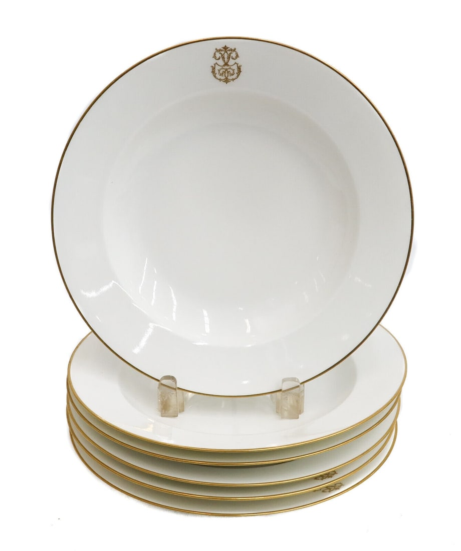 6 Manufacture de Sevres Porcelain Gilt Emblem Rimmed Soup Bowls, 1895 (1 of 6)