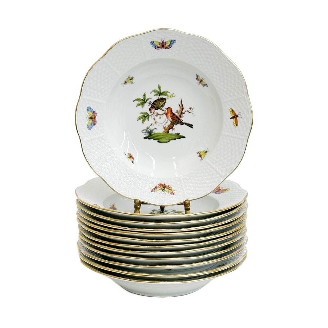 12 Herend Hungary Rothschild Bird Hand Painted Porcelain 8 in Rimmed Soup Bowls (1 of 6)