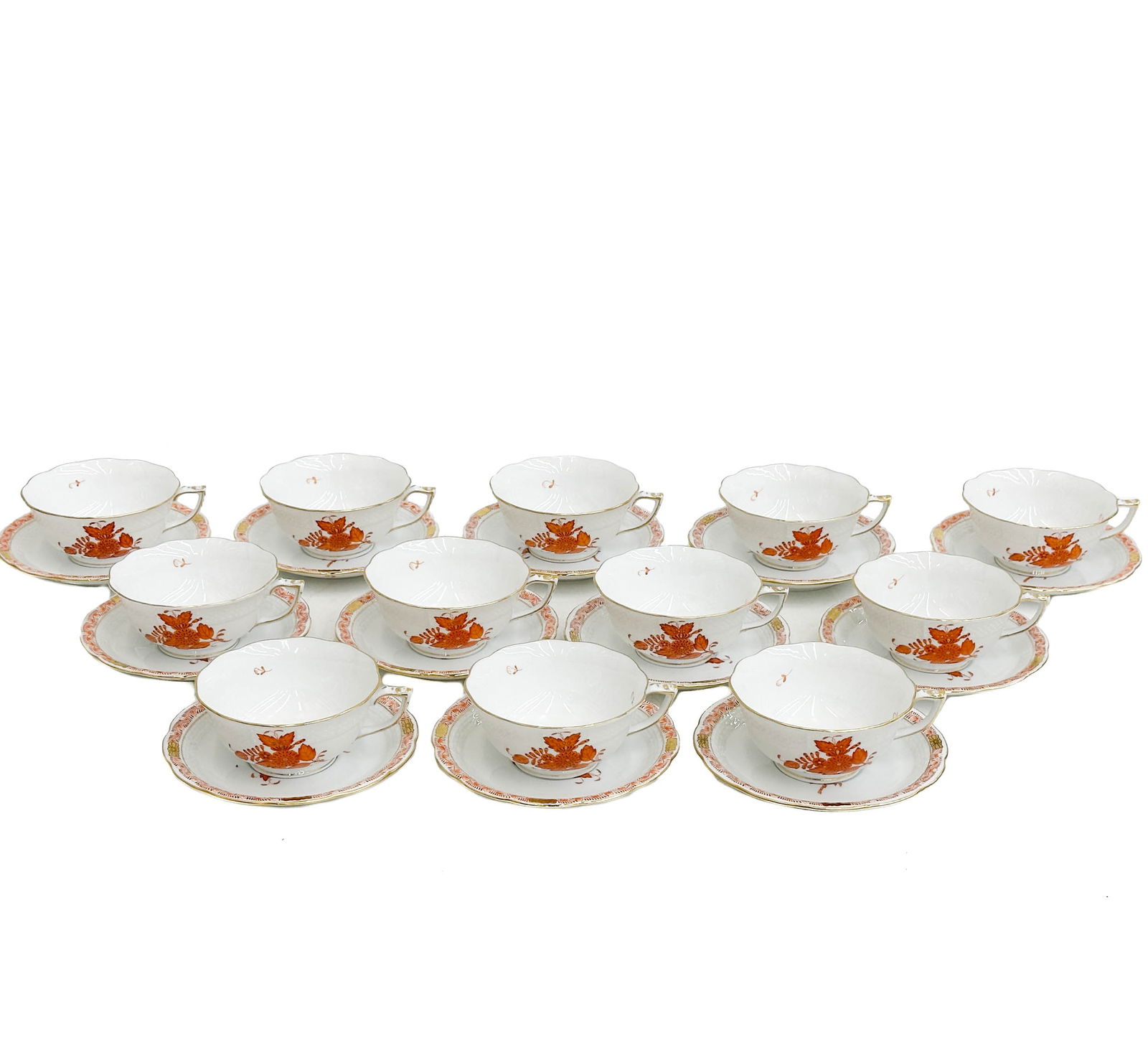 12 Herend Hungary Hand Painted Porcelain Cups & Saucers in Chinese Bouquet Rust Red (1 of 5)