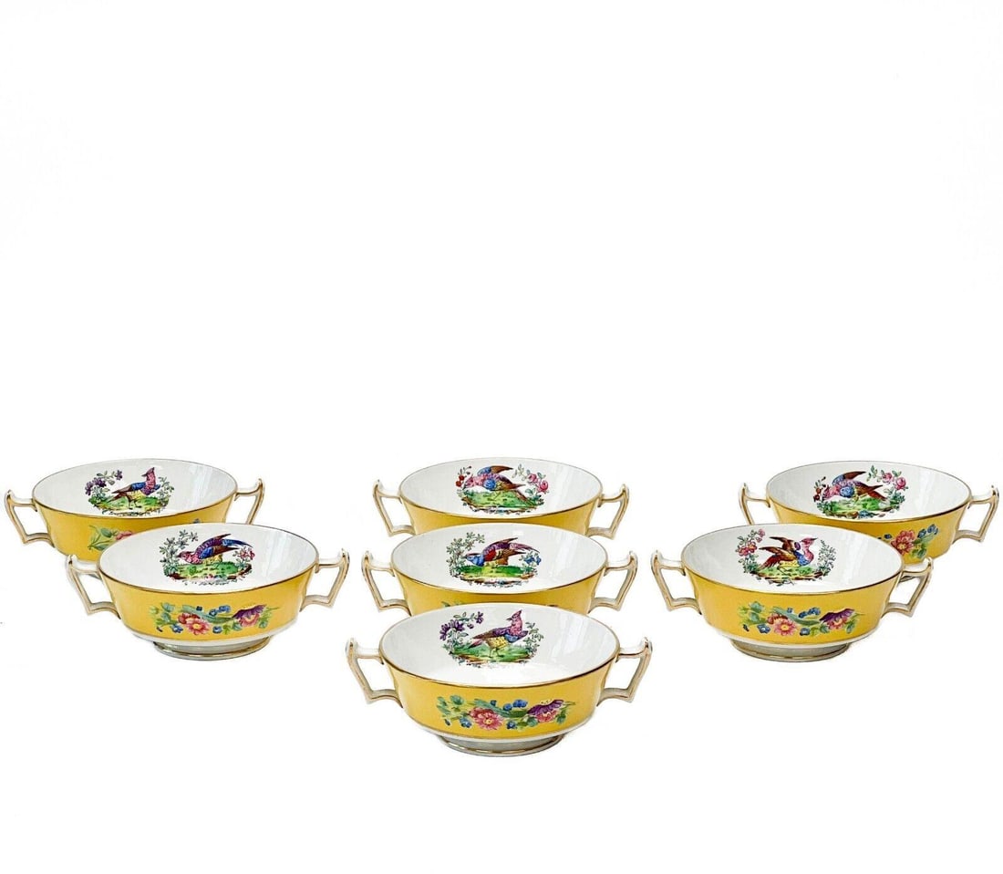 7 Copeland Spode Porcelain Bouillon Bowls Yellow Relief Florals early 20th c (1 of 6)