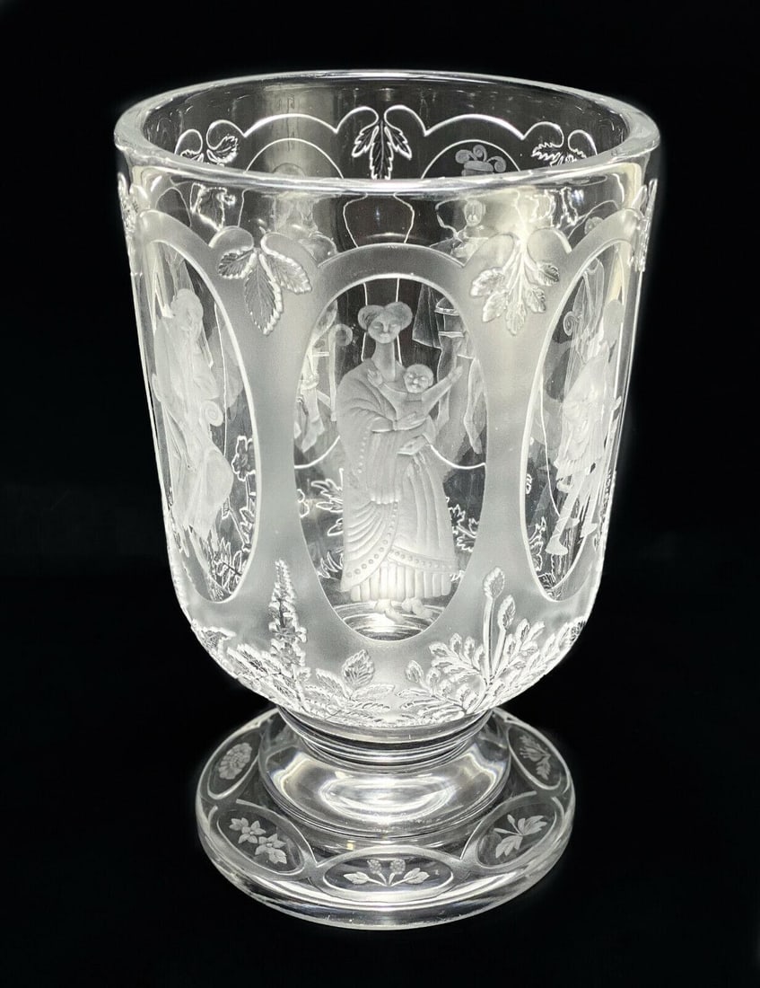 Andrews for Webb Corbett Engraved Glass Footed Vase: Andrews for Webb Corbett engraved glass footed vase. 1976. Finely hand engraved figures throughout the exterior of the bowl with etched leaves and florals. Designed by David Smith, made by M. Andrews