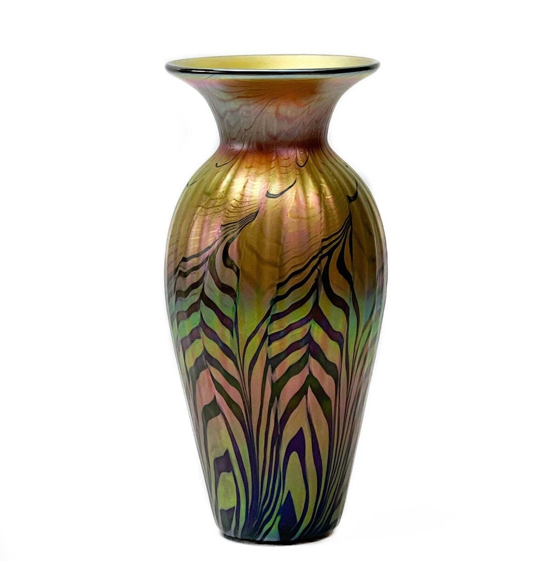 Lundberg Studios Iridescent Gold Pulled Feather Art Glass Vase (1 of 5)