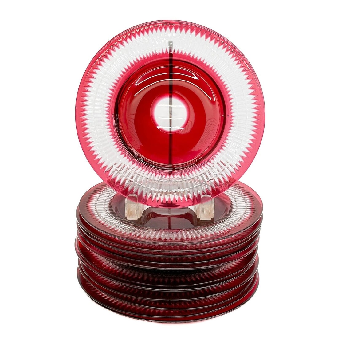 12 Bohemian Cranberry Red Cut To Clear Glass Dessert or Appetizer Plates c 1940 (1 of 4)