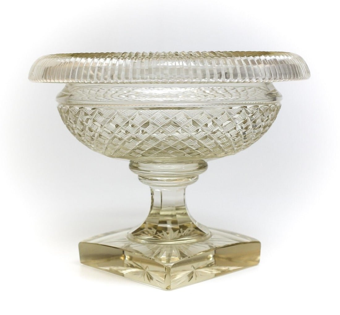 English Crystal Footed Centerpiece Bowl; Early 19th Century, Hand Cut & Polished (1 of 4)