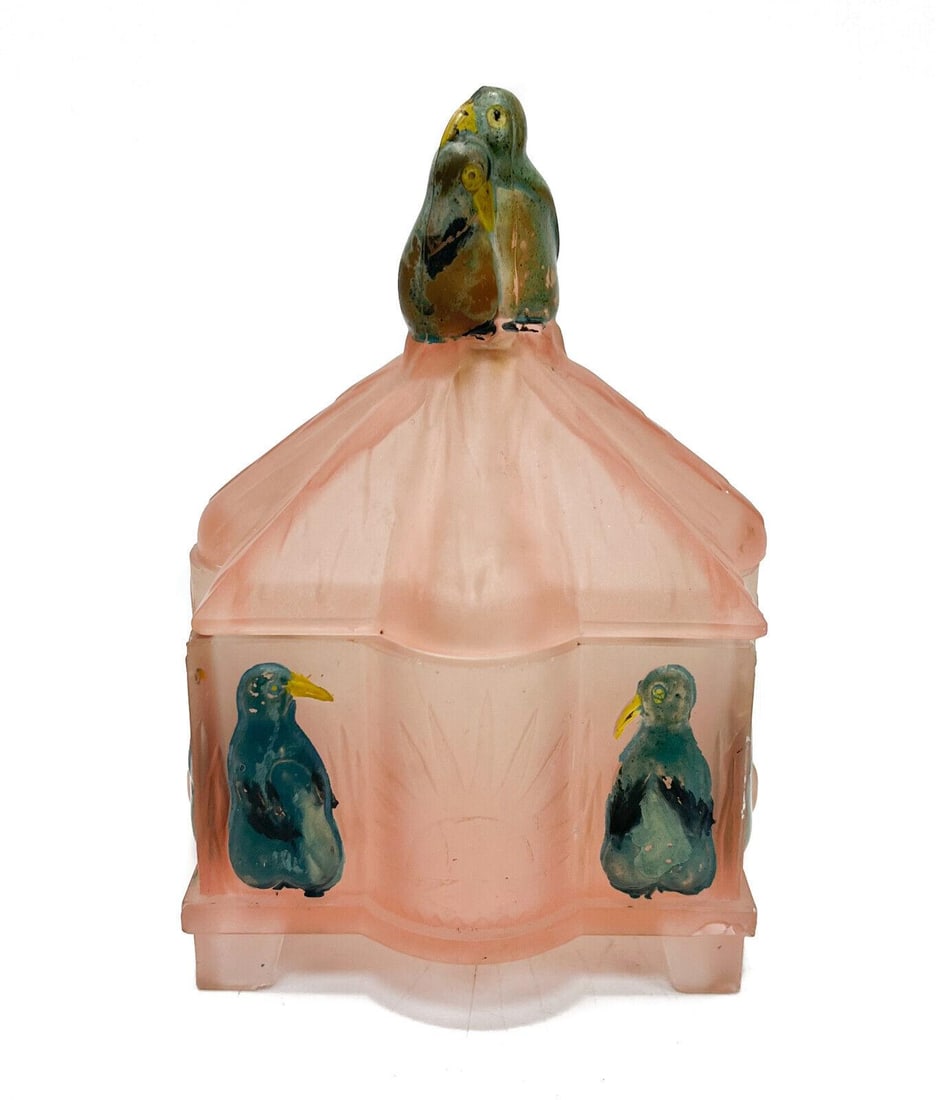 Cranberry Red Art Glass Polychrome Enamel Penguin Lidded Box, 1st Half 20th Cent (1 of 8)