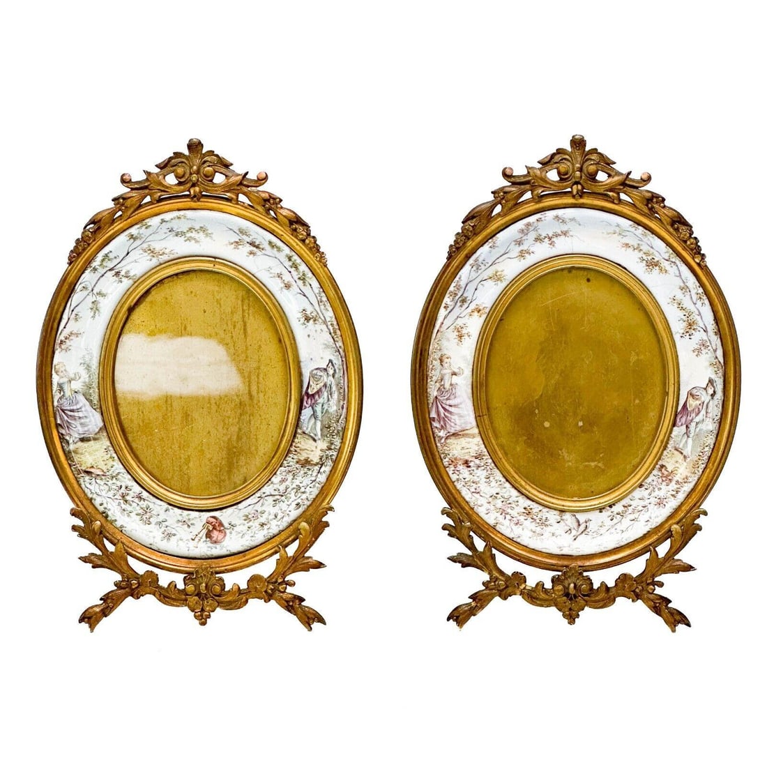 Pair French Hand Painted Courting Scene Enamel Mounted Gilt Bronze Frames c.1900 (1 of 11)