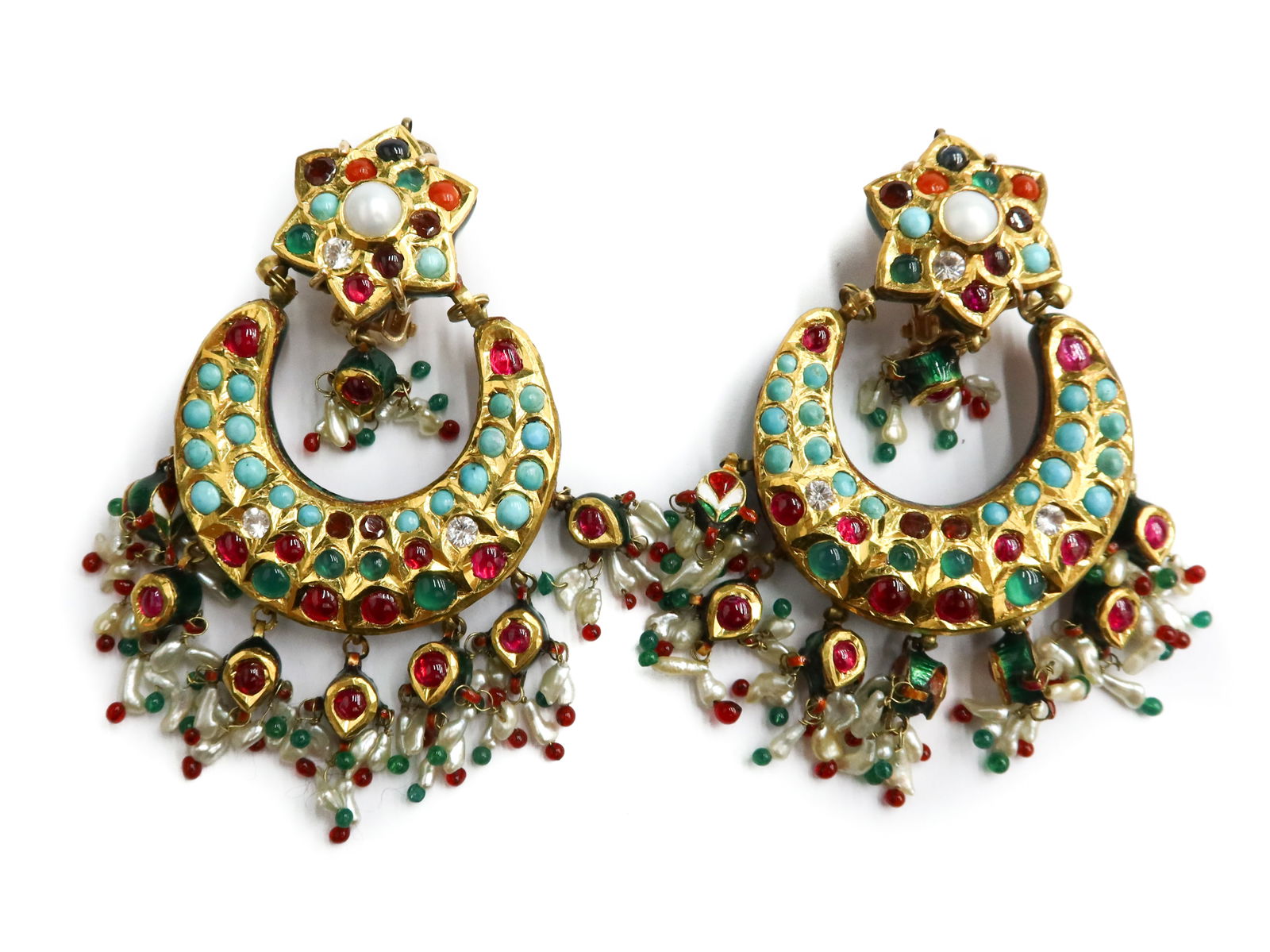14k Yellow Gold Cabochon Ruby and Multi-Gem Guilloche Enamel Kundan Jhumka Clip Earrings (1 of 8)