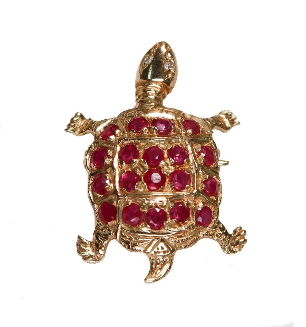 14k Yellow Gold and Ruby and Pink Topaz Turtle Pin Brooch (1 of 6)