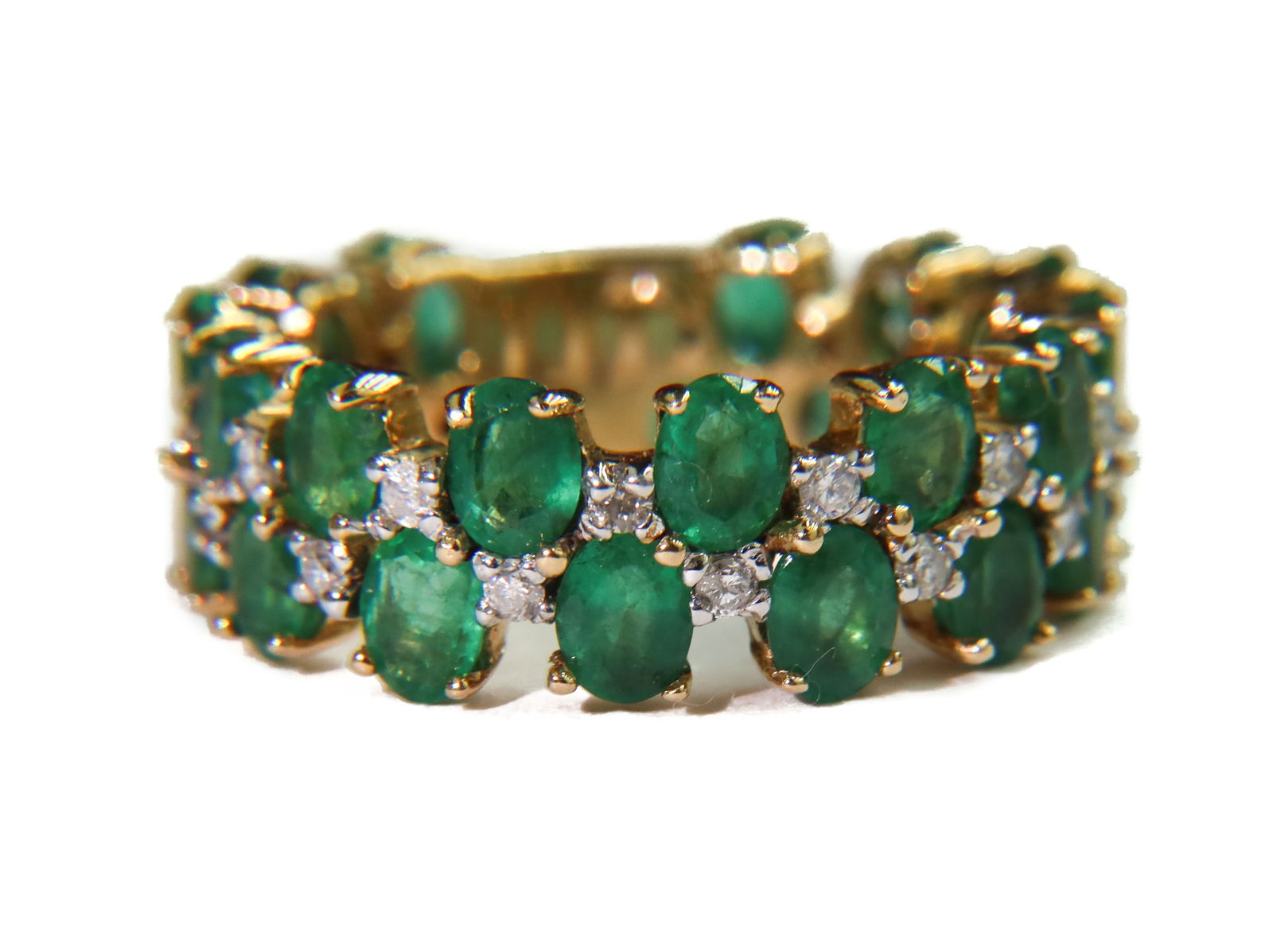 14k Yellow Gold Emerald and Diamond Band Ring, Size 6.75 (1 of 8)