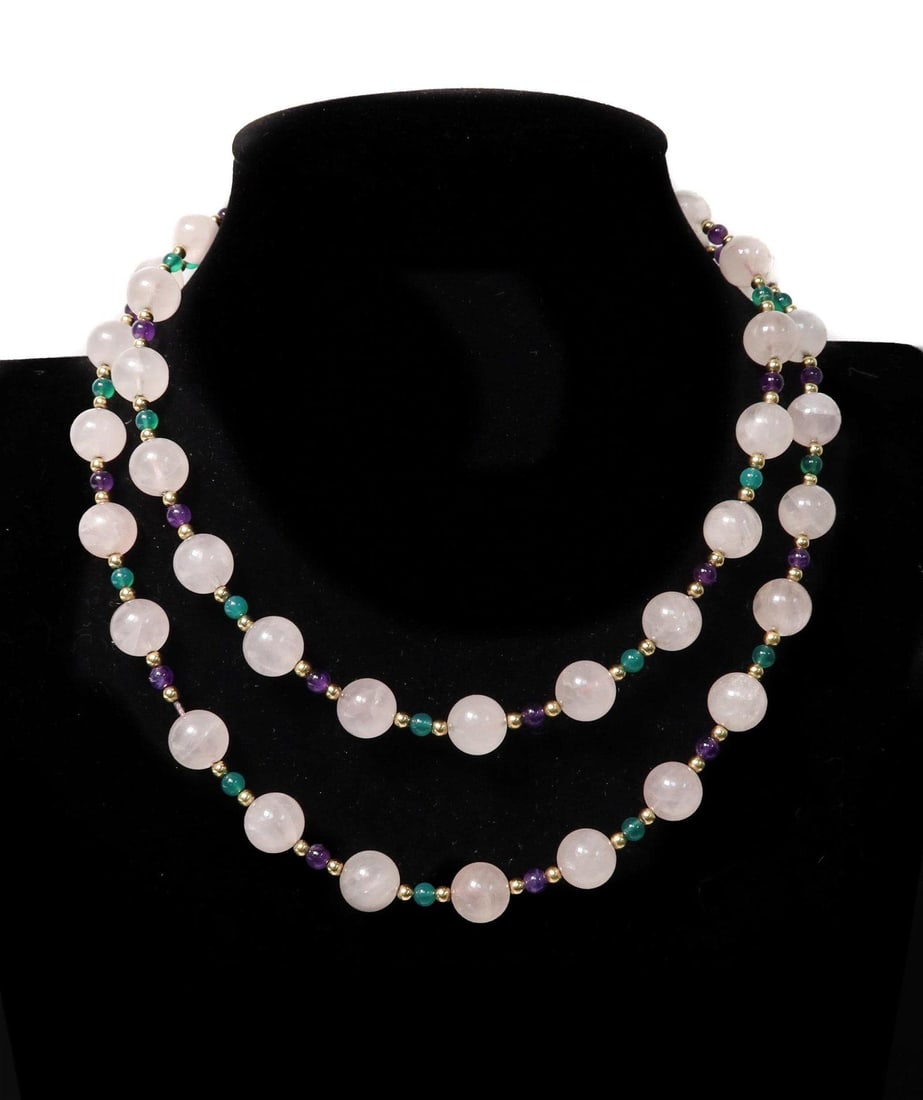 14k Yellow Gold Rose Quartz, Amethyst, and Emerald Beaded Necklace (1 of 6)