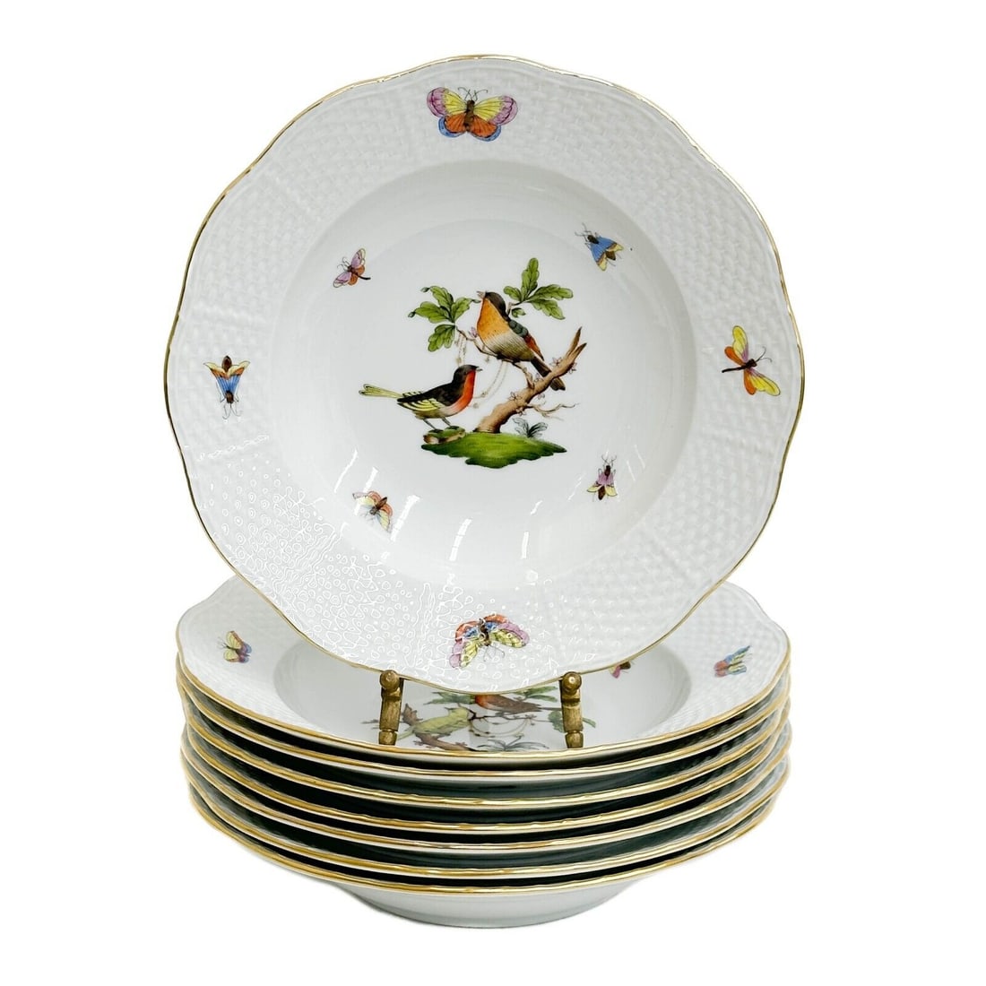8 Herend Hungary Rothschild Bird Hand Painted Porcelain 8 in Rimmed Soup Bowls (1 of 6)
