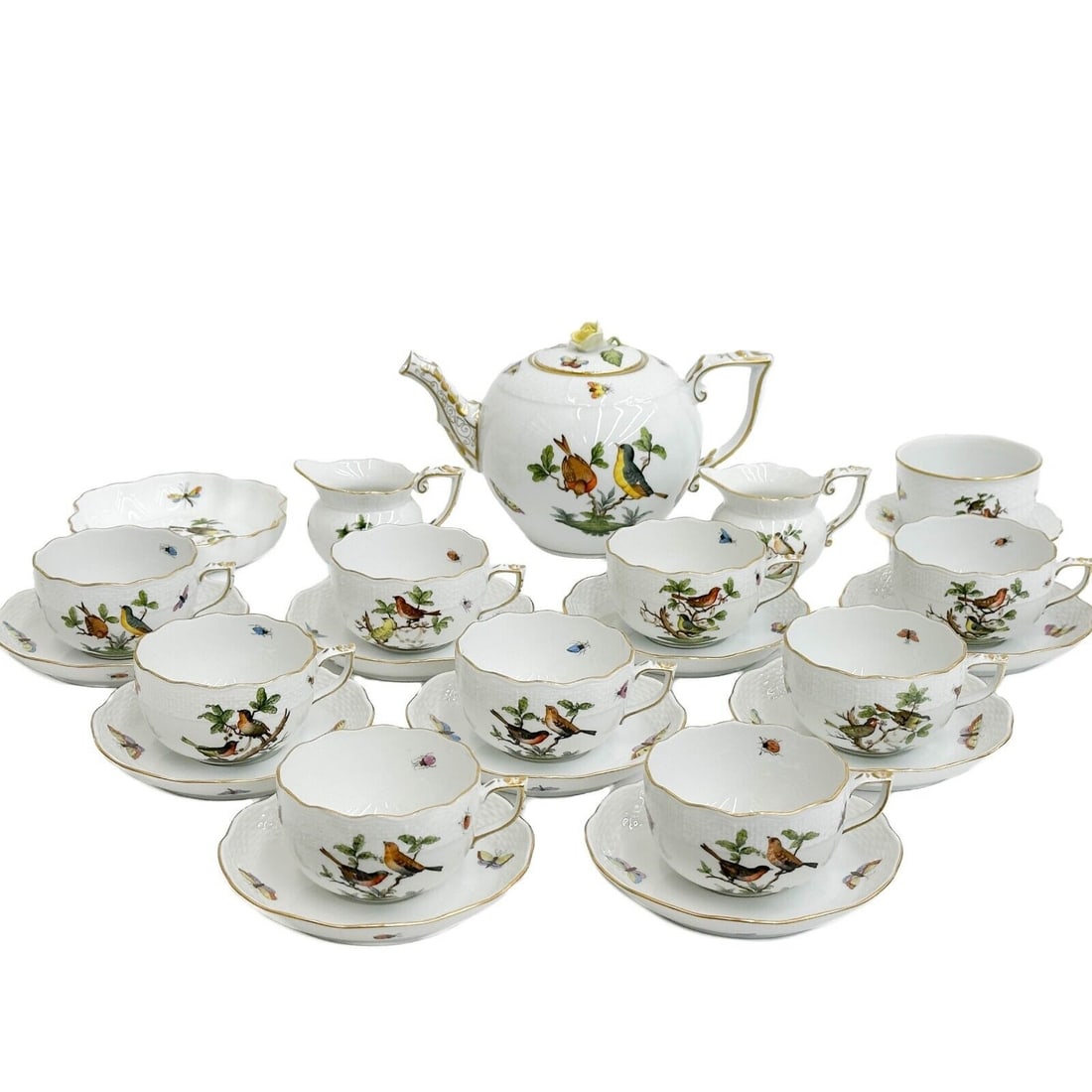 14pc Herend Hungary Rothschild Birds Hand Painted Porcelain Tea Service for 9 (1 of 5)