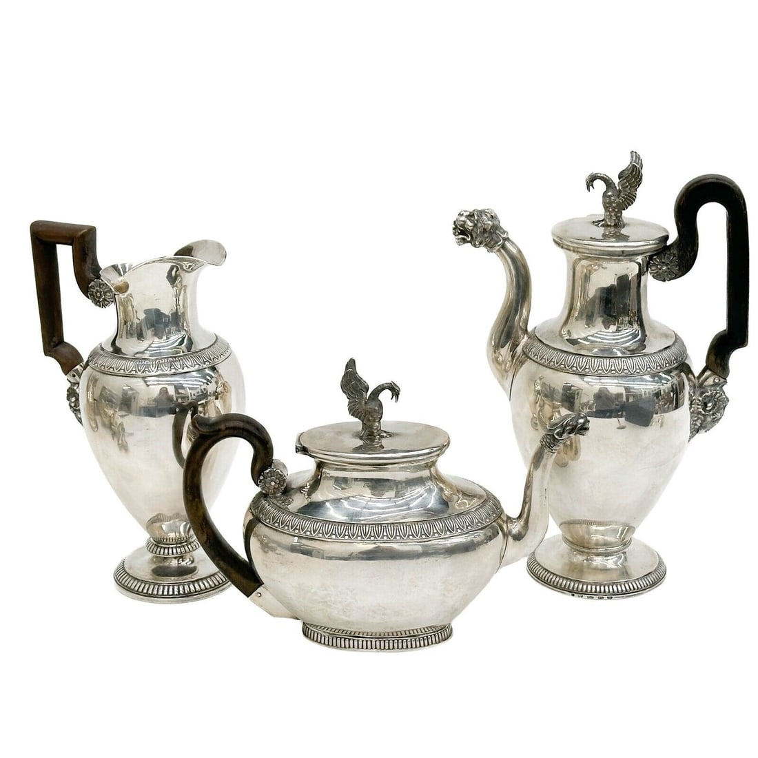 3pc Continental Solid Silver Teapot Coffee pot Creamer Swan 19th century (1 of 9)
