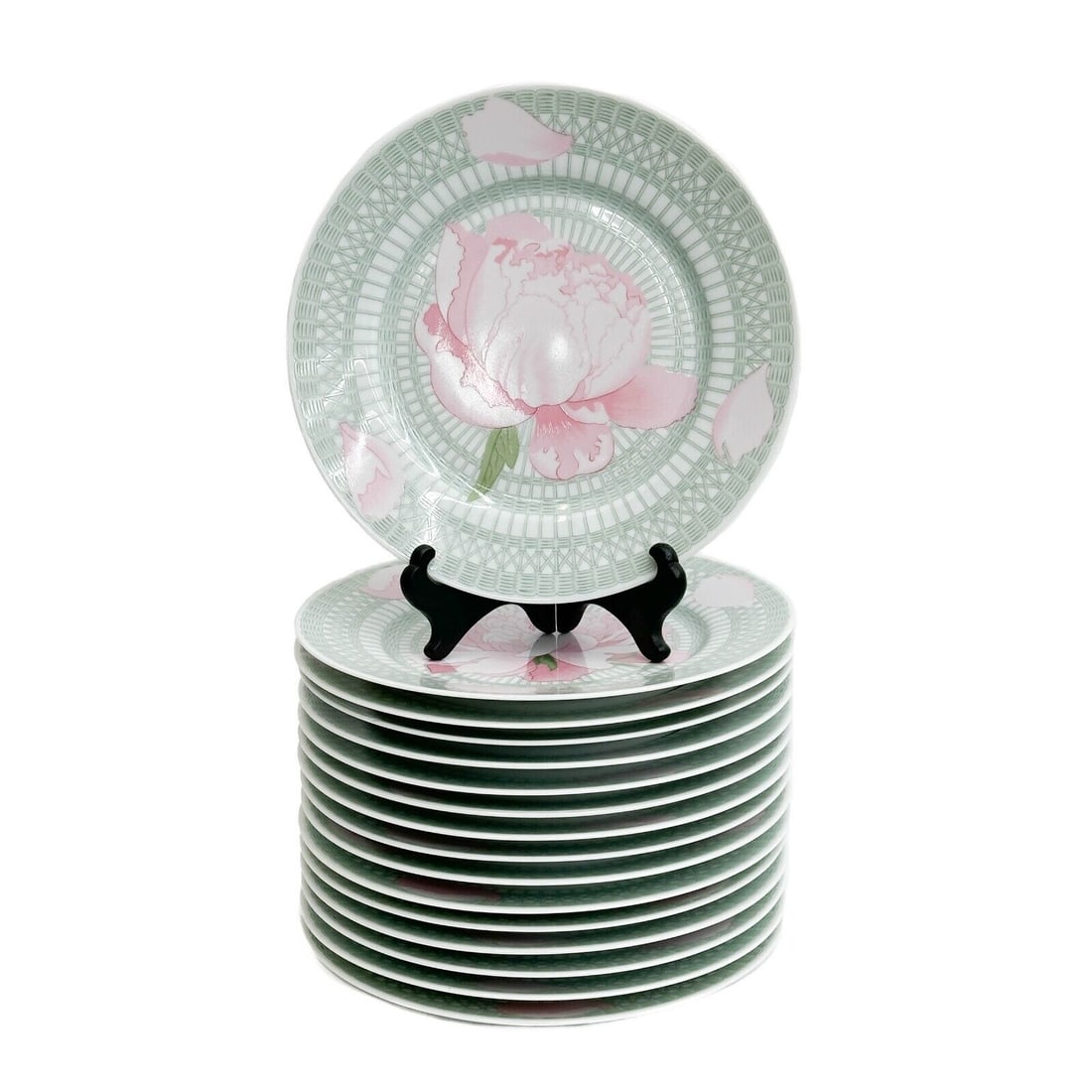 16 Hermes France Porcelain 8.5 inches Salad Plates in Les Pivoines Pink Green: 16 Hermes France Porcelain Salad Plates in Les Pivoines. A white ground with ornate green basketweave decoration, pink flowers. Underside with Hermes marks. Weight Approx., 11 lbs Measures Approx., 8.