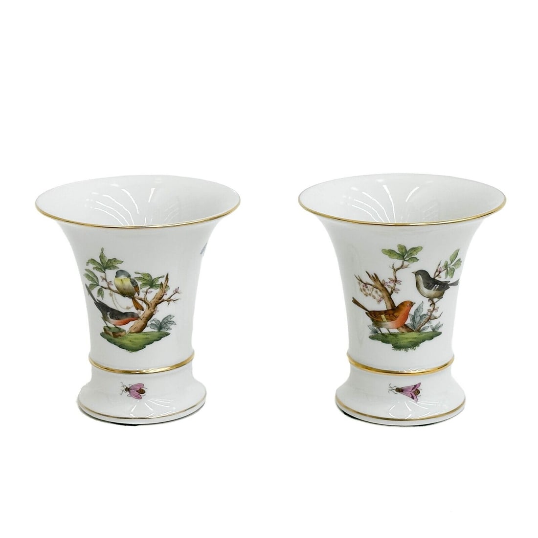 Pair Herend Hungary Rothschild Birds Hand Painted Porcelain 4 inch Spill Vases (1 of 6)