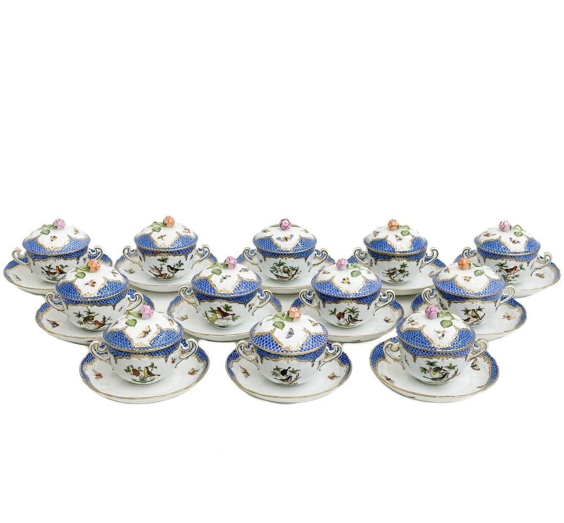 12 Herend Rothschild Birds Blue Scale Lidded Bouillon Bowls & Underplates 1718: 12 Herend Hungary Rothschild Birds Blue Scale Hand Painted Porcelain Lidded Bouillon Bowls & Underplates. A blue scale design to the edge, hand painted birds to the center. Each bowl and underplate wi