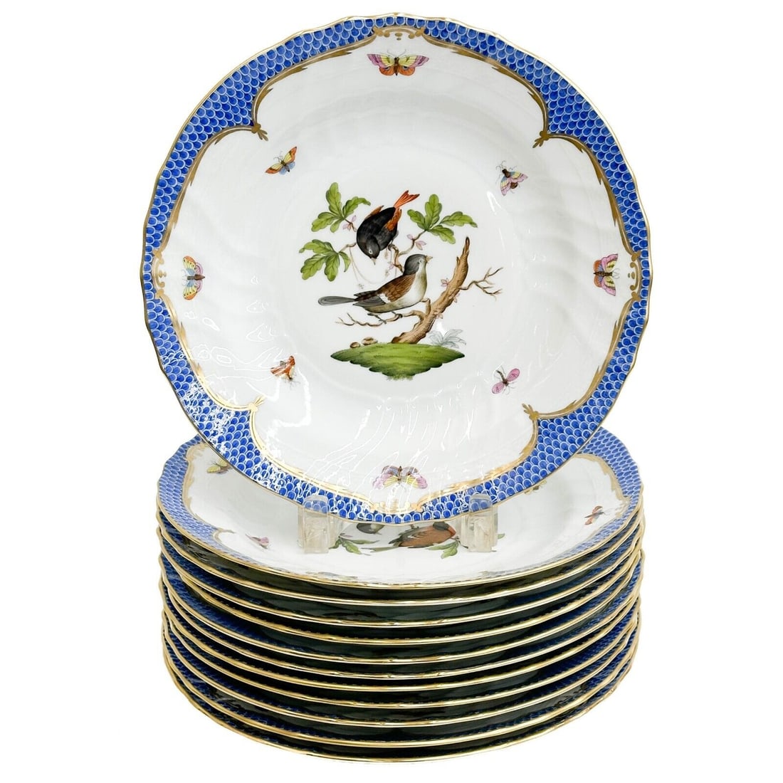 12 Herend Rothschild Birds Hand Painted Porcelain Dinner Plates Blue Scale 1526 (1 of 9)