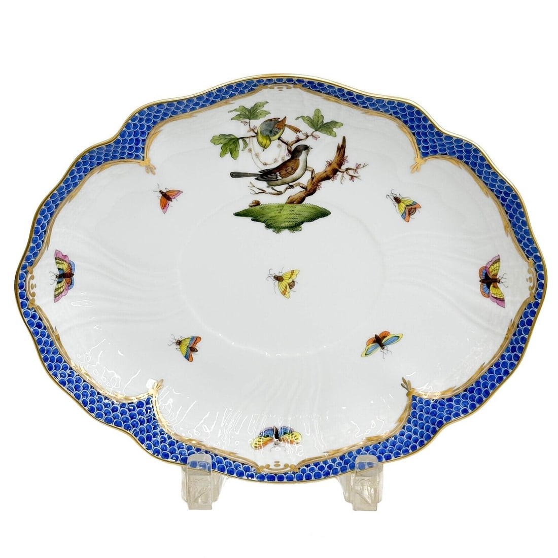 Herend Rothschild Birds Porcelain Lozenge Shaped Serving Dish Blue Scale 1211 (1 of 4)