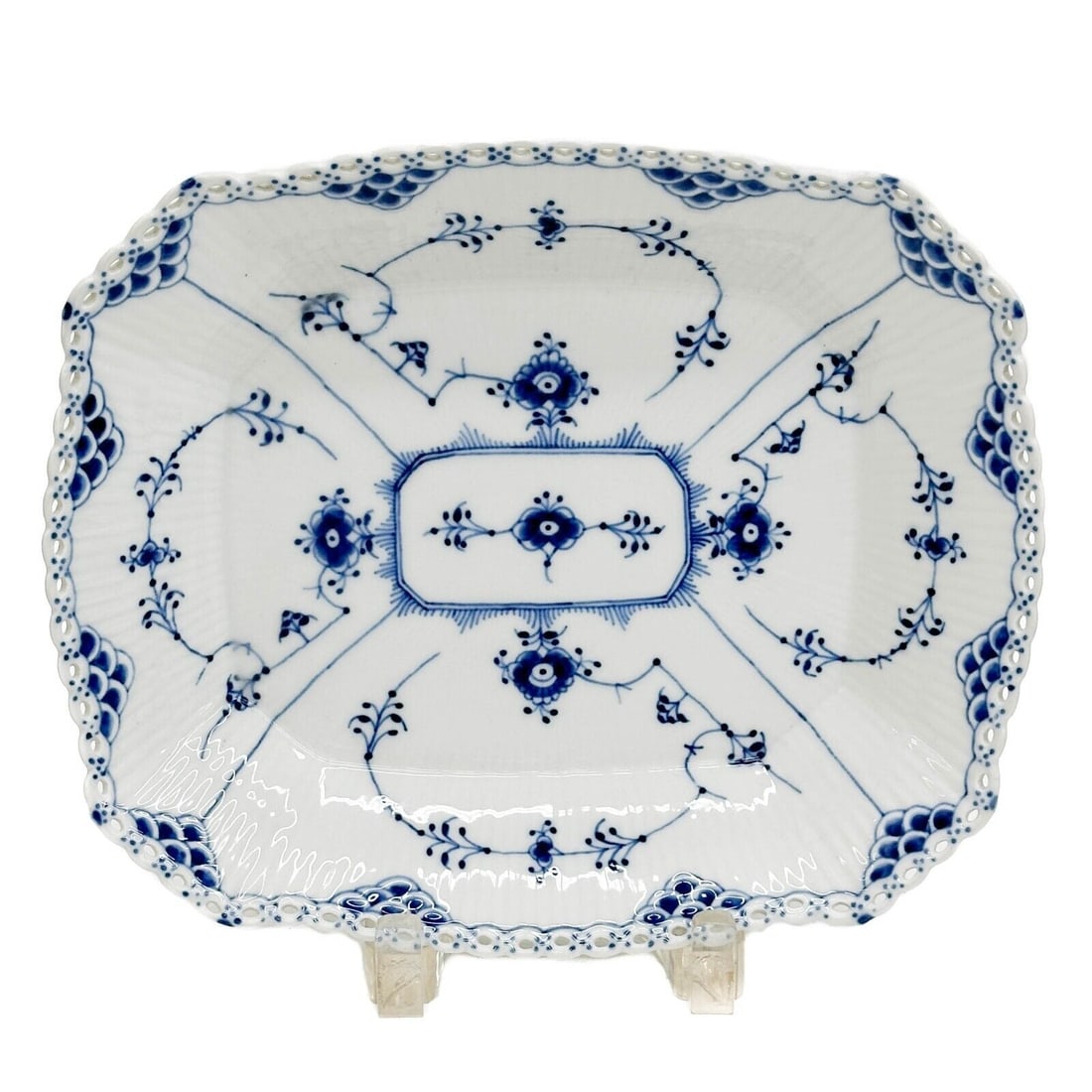 Royal Copenhagen Denmark Blue Fluted Full Lace Porcelain Cake Plate Tray 1143: Royal Copenhagen Denmark Blue Fluted Full Lace Porcelain Cake Plate Tray 1143. Fluted porcelain with a delicate blue floral design. Full lace border. Royal Copenhagen marks to the underside 1143. Weig