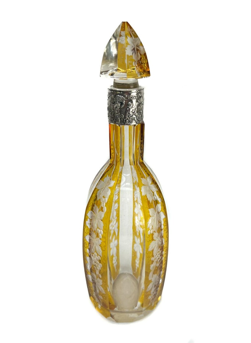 German 800 Silver and Acid Etched Amber Yellow and Clear Glass Decanter (1 of 10)