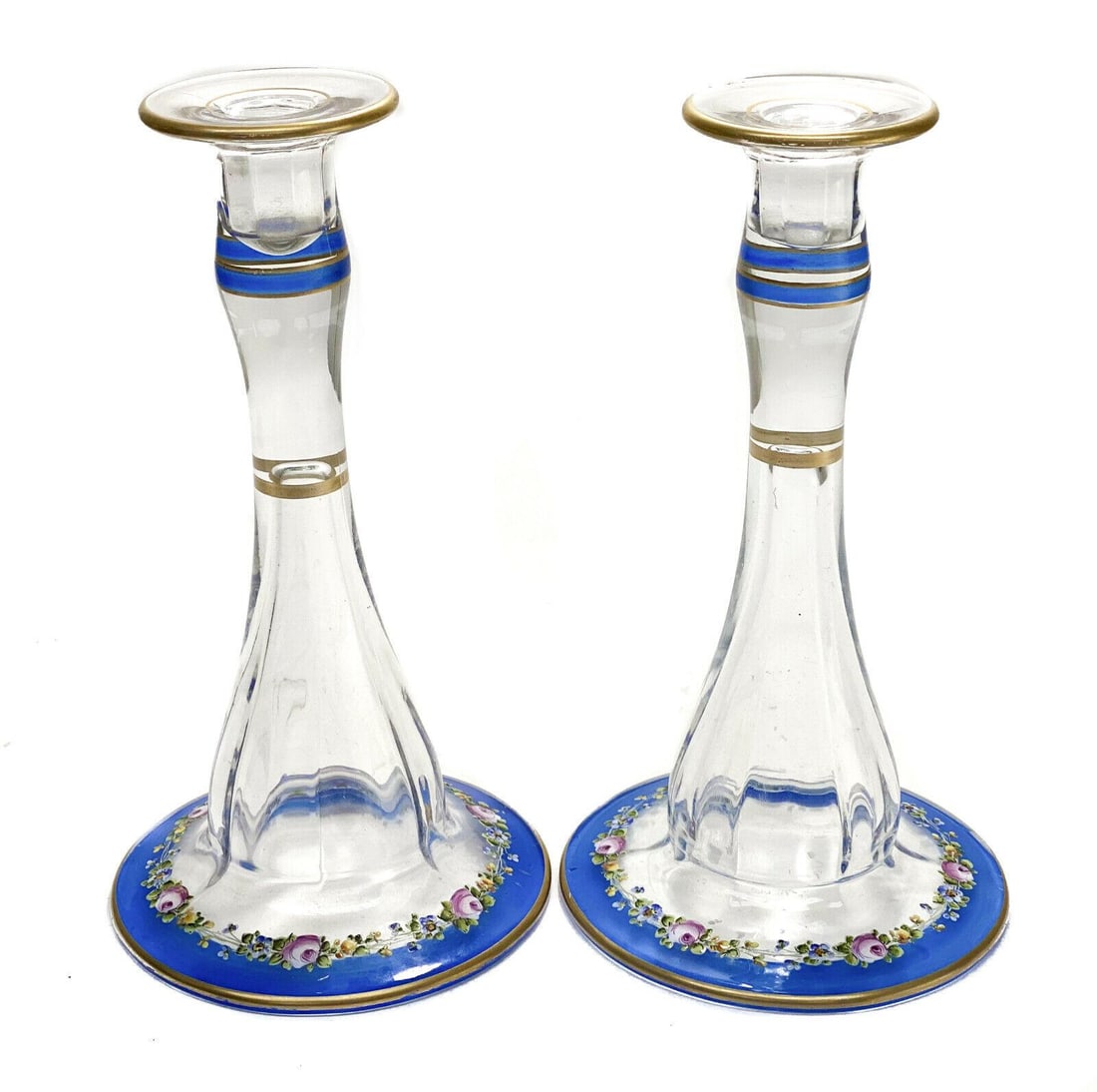 Pair American Glass Hand Painted Enamel Candle Holders: Pair American glass hand painted enamel candle holders, circa 1940. Clear with a blue edge and gilt accents. Hand painted enamel flowers to the base. Weight Approx., 2 lbs Measures Approx.: 5 inches d