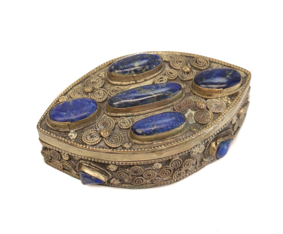 Gilt Silver Filigree Lapis Lazuli Mounted Pill Snuff Box, Early 20th Century (1 of 3)