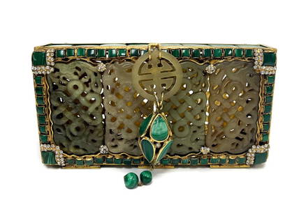 Iradj Moini Oriental Statement Clutch, Malachite Carved Jade and Faux Diamonds: Impressive Iradj Moini Oriental statement clutch. Chinoiserie style with 8 hand carved apparent jade tablets in a braided snake texture. Malachite square panels throughout the body with faux diamond i