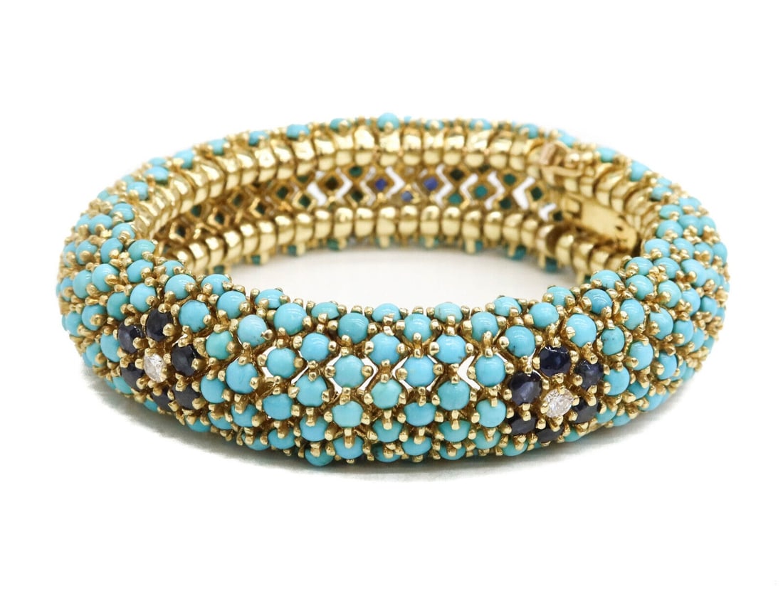 18k Yellow Gold Turquoise Sapphire and Diamond Bangle Bracelet (1 of 7)
