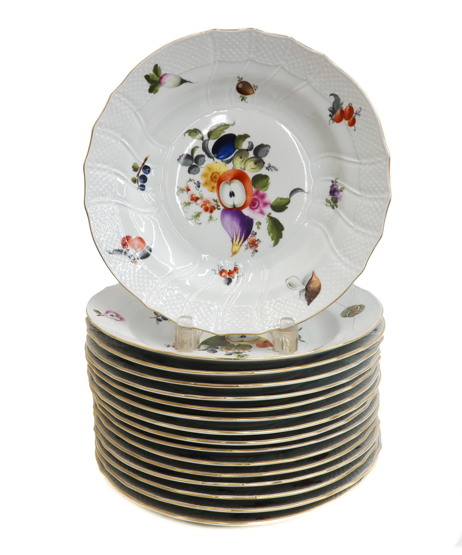 16 Herend Hungary Hand Painted Porcelain Deep Well Dinner Plates, Fruits and Flowers: 16 Herends Hungary Hand Painted Porcelain Deep Well Dinner Plates in Fruits and Flowers- Occasionally known as Market Garden Basketweave scalloped rim with various hand painted fruits, vegetables, and