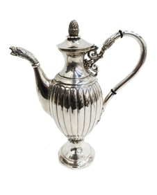 Victorian Sheffield Sterling Silver Ribbed Chocolate Pot, 1891. Eagle Spout