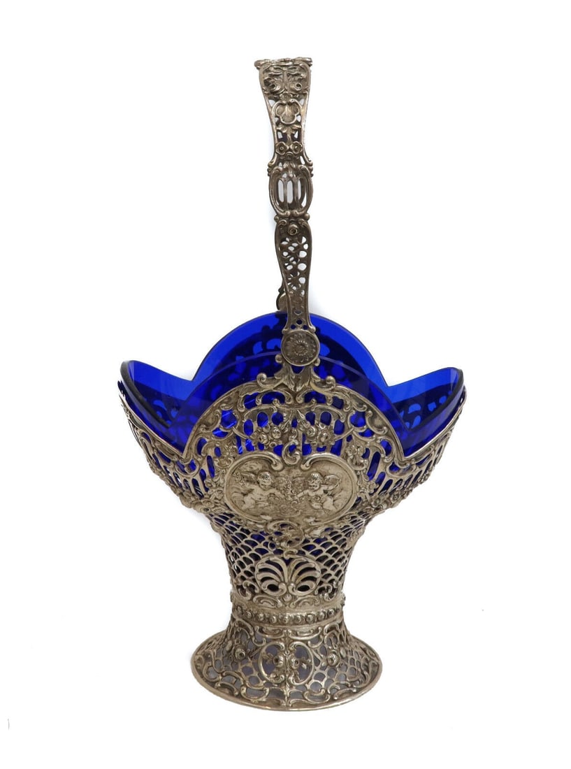 German Hanau 830 Silver Pierced Cobalt Blue Insert Swing Handled Basket c1900 (1 of 12)
