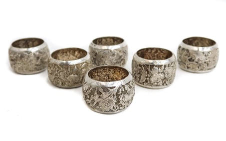 6 Persian Silver Napkin Rings, Etched Leaves and Flowers