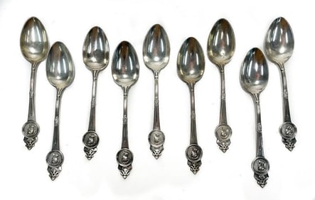 9 Gorham Sterling Silver Medallion Teaspoons, Late 19th Century