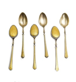 6 Norwegian Gilt Silver Import Yellow Guilloche Enamel Tea or Coffee Spoons