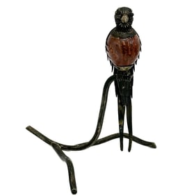 Mexican Sterling Silver Mounted Carved Red Agate Figural Parrot Bird on Perch