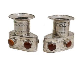 Pair Silver and Amber Glass Candlestick Holders