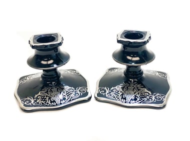 Pair Sterling Silver Overlay Black Amethyst Footed Candlestick Holders