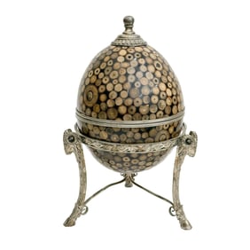 Vintage Egg Form Box Inlaid Bamboo Silver Mounts with Silverplate Stand