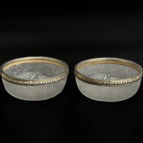 Pair French Etched Glass Gold Wash Silver Mounted Bowls circa 1920