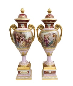 Pair Royal Vienna Hand Painted Porcelain Covered Urns, circa 1900
