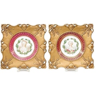 Pair Sevres Hand Painted Porcelain Cabinet Plates Portraits Signed Framed