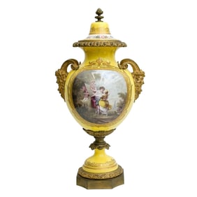 Sevres France Hand Painted Porcelain Bronze Mounted Large Covered Urn