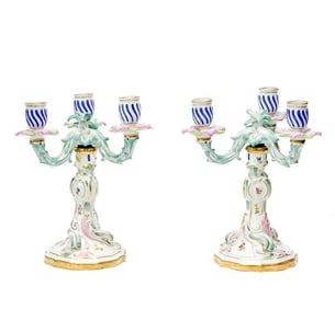 Pair Meissen Germany Hand Painted Porcelain Floral Candelabras Early 20th cen