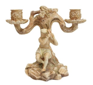 Royal Worcester Porcelain Blush Ivory Candelabra, 1885. Figural Tambourine Man