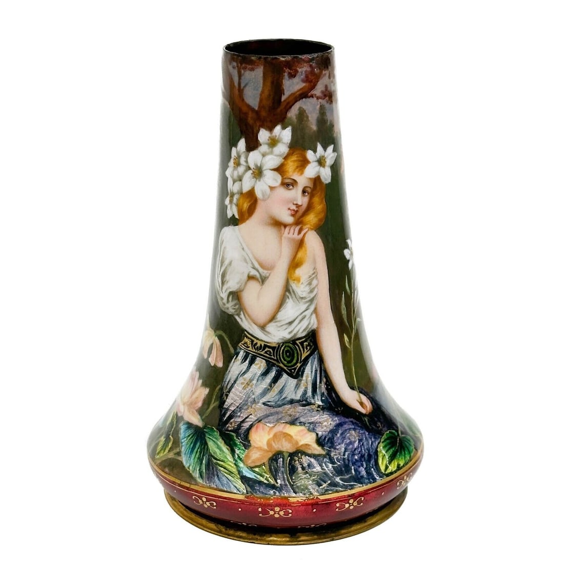 French Hand Painted Enameled Vase Portrait Beauty circa 1920 (1 of 5)