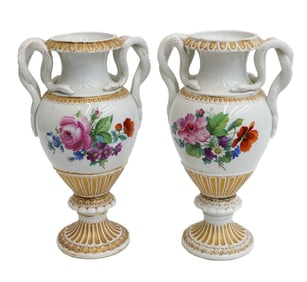 Pair Meissen Germany Hand Painted Twin Snake Handled Urns 19th and 20th Century