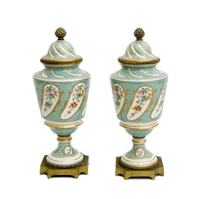 Pair Sevres France Hand Painted Porcelain Gilt Bronze Mounted Lidded Urns c 1920