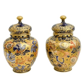 Pair Royal Crown Derby Porcelain Covered Vases or Urns Cobalt Blue & Gilt 1891