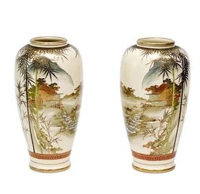Pair Senzan Japanese Satsuma Hand Painted Porcelain Vases Bamboo & River Meiji